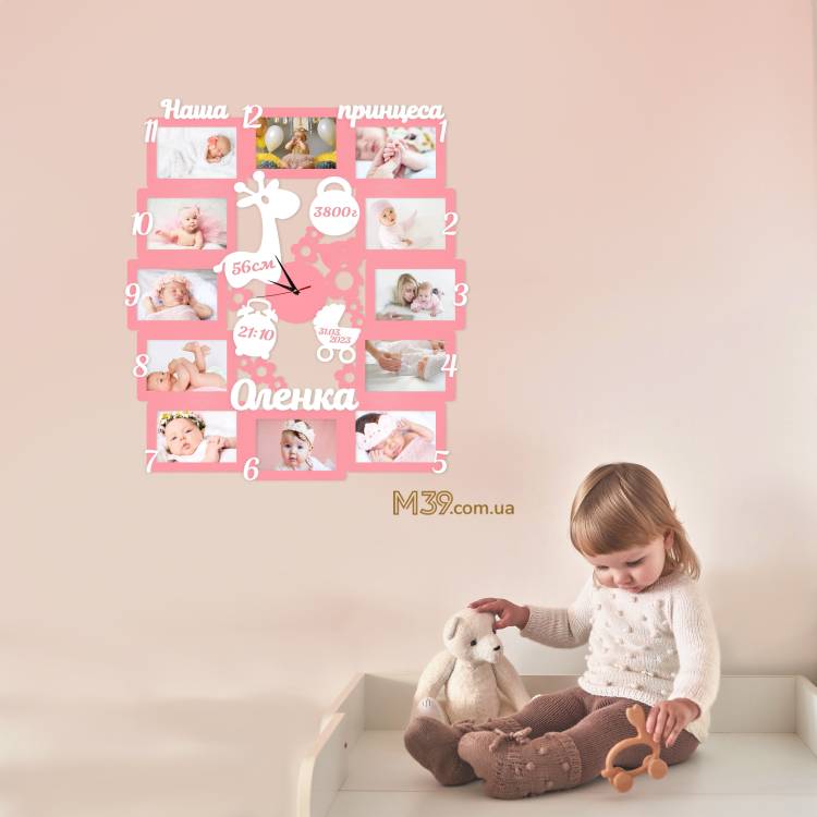 Дитяча іменна метрика з годинником і жирафом на 12 фото
