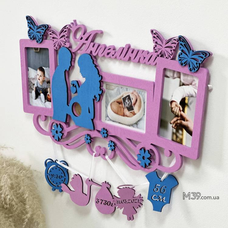 Дитяча іменна метрика на 3 фото з рамкою для УЗД та метеликами m39.com.ua Дитяча іменна метрика на 3 фото з рамкою для УЗД та метеликами