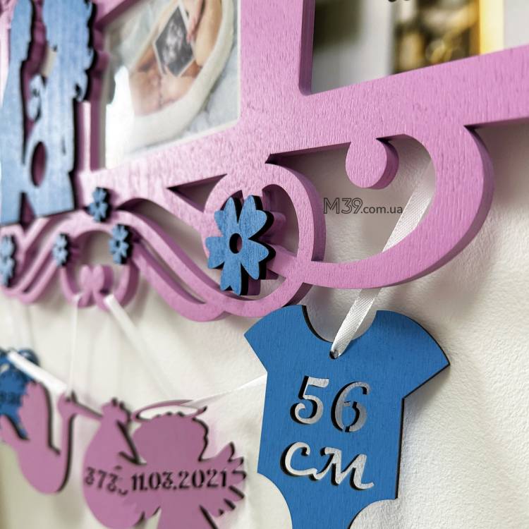 Дитяча іменна метрика на 3 фото з рамкою для УЗД та метеликами m39.com.ua Дитяча іменна метрика на 3 фото з рамкою для УЗД та метеликами
