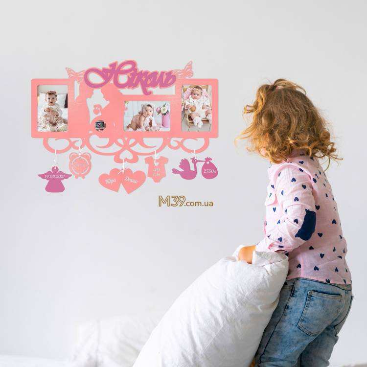 Дитяча іменна метрика на 3 фото з рамкою для УЗД з метеликами m39.com.ua Дитяча іменна метрика на 3 фото з рамкою для УЗД з метеликами