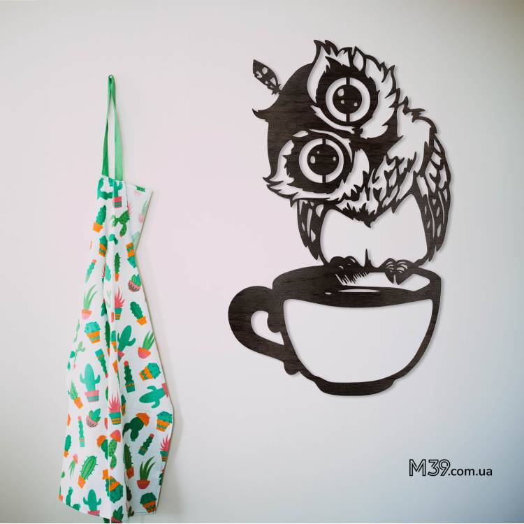 Декор на Кухню на Стіну - Панно "Сова з Чашкою" з дерева