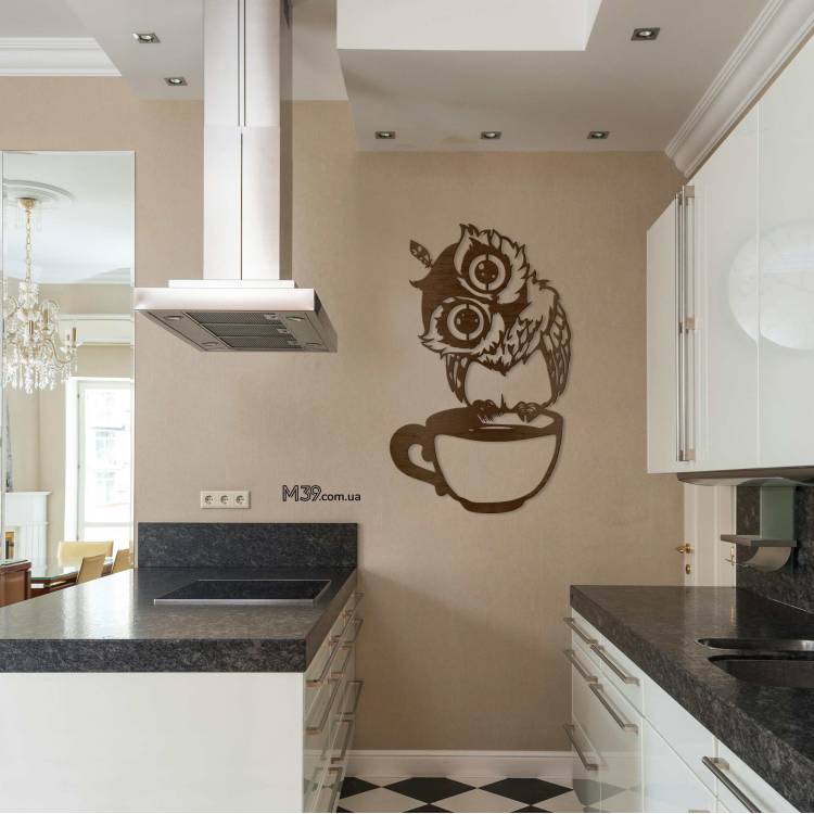 Декор на Кухню на Стіну - Панно "Сова з Чашкою" з дерева