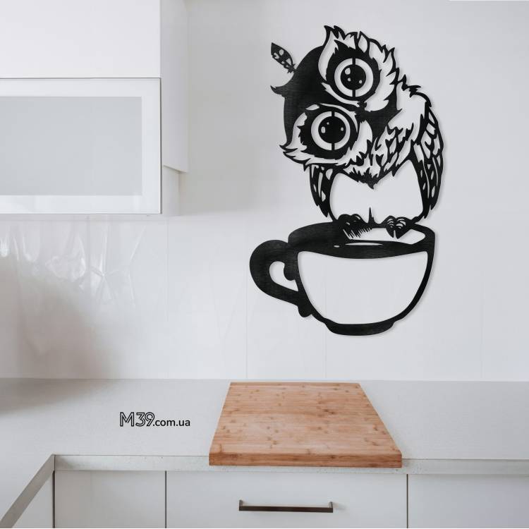 Декор на Кухню на Стіну - Панно "Сова з Чашкою" з дерева