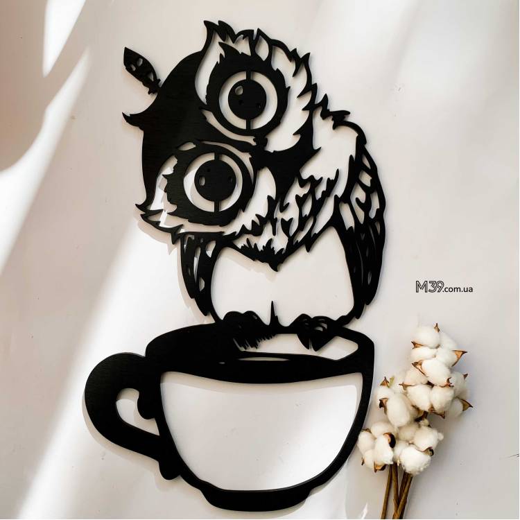 Подарунок Кулінару - Панно "Сова з чашкою" з дерева на стіну m39.com.ua Подарунок Кулінару - Панно "Сова з чашкою" з дерева на стіну