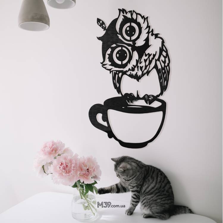 Подарунок Кулінару - Панно "Сова з чашкою" з дерева на стіну m39.com.ua Подарунок Кулінару - Панно "Сова з чашкою" з дерева на стіну