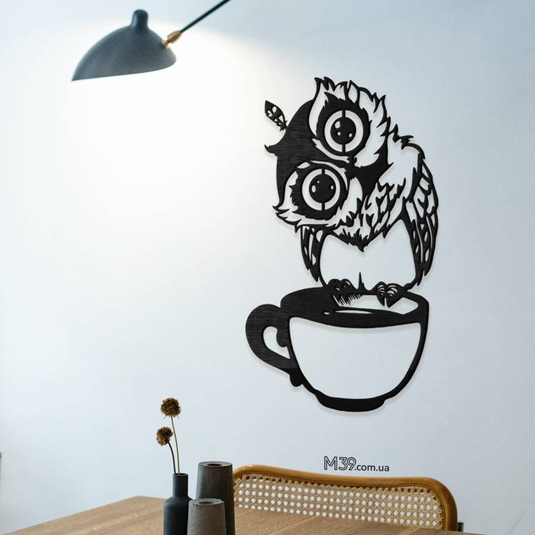 Подарунок Кулінару - Панно "Сова з чашкою" з дерева на стіну m39.com.ua Подарунок Кулінару - Панно "Сова з чашкою" з дерева на стіну