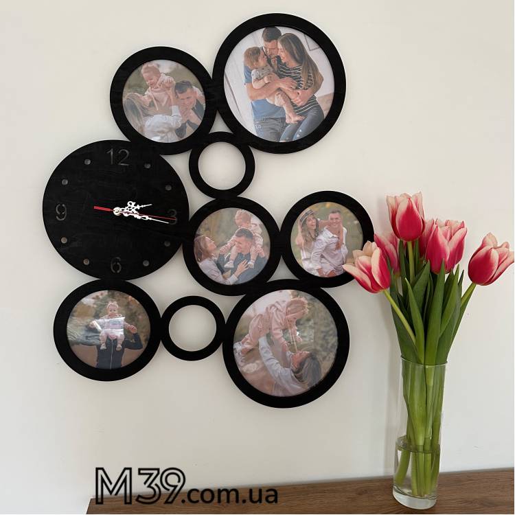 Фоторамка колаж з круглими рамками та годинником на 6 фото Кола