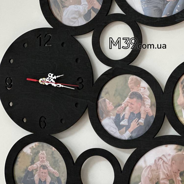 Фоторамка колаж з круглими рамками та годинником на 6 фото Кола