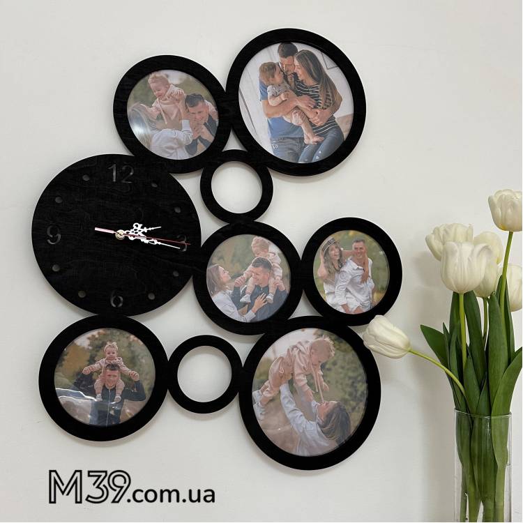 Фоторамка колаж з круглими рамками та годинником на 6 фото Кола