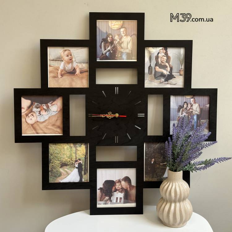 Настінний годинник з фоторамками Квадрат