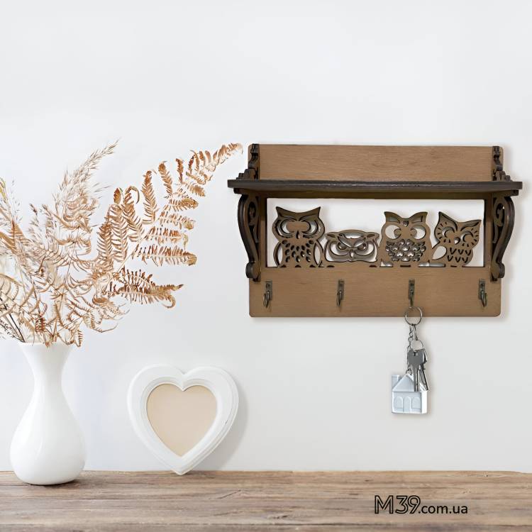 Декоративная Ключница Настенная из Дерева 4 Совы с Полочкой m39.com.ua Декоративная Ключница Настенная из Дерева 4 Совы с Полочкой
