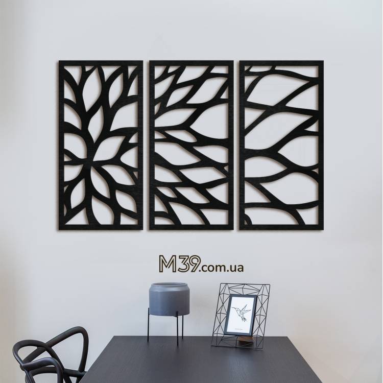 Декор у вітальню - декоративне панно з дерева Абстрактна Квітка з 3 частин, Триптих