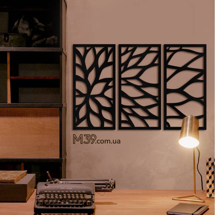 Декор у вітальню - декоративне панно з дерева Абстрактна Квітка з 3 частин, Триптих