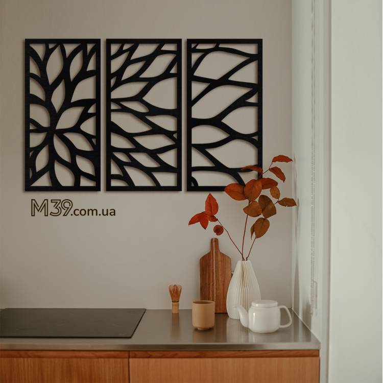 Декор у вітальню - декоративне панно з дерева Абстрактна Квітка з 3 частин, Триптих