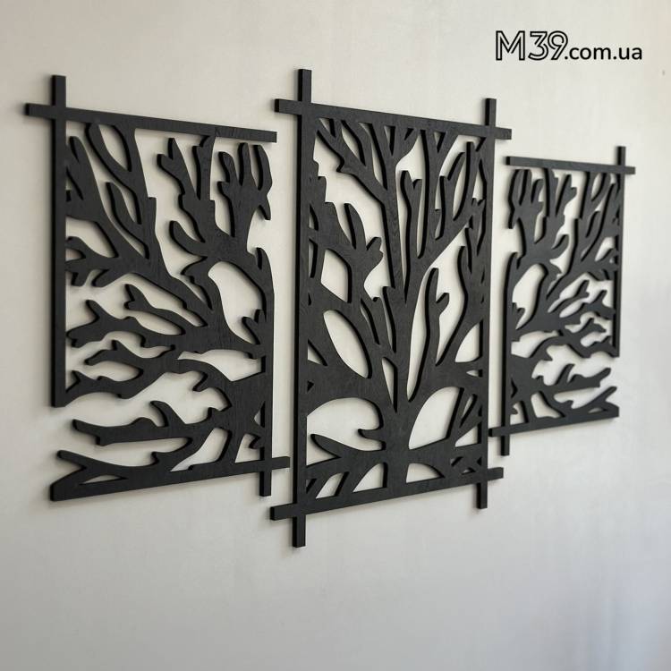 Декор на стіну з дерева - панно модульне "Гілки дерева" триптих