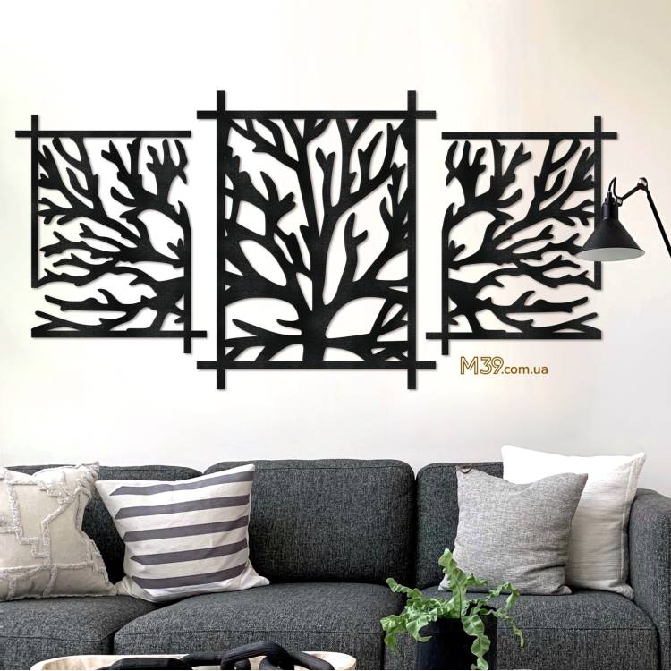 Декор на стіну з дерева - панно модульне "Гілки дерева" триптих