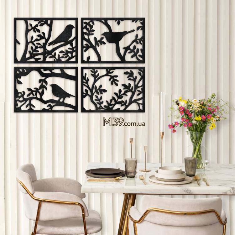 Декор на стіну з дерева - декоративне панно "Пташки на гілці" з 4 елементів