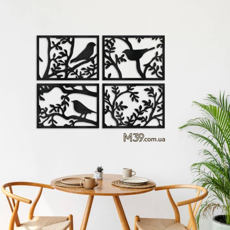 Декор на стіну з дерева - декоративне панно "Пташки на гілці" з 4 елементів