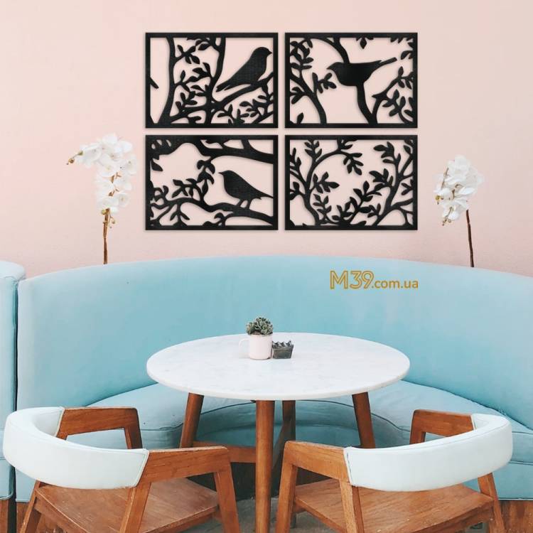 Декор на стіну з дерева - декоративне панно "Пташки на гілці" з 4 елементів