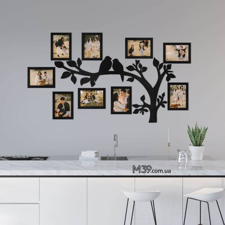 Декор для кухни на стену - Семейное дерево "Птицы на ветках", композиция из фоторамок m39.com.ua Декор для кухни на стену - Семейное дерево "Птицы на ветках", композиция из фоторамок