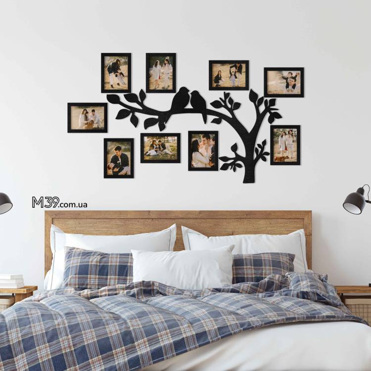 Декор в Спальню на Стіну - Сімейне Дерево "Птахи на Гілках", композиція з фоторамок