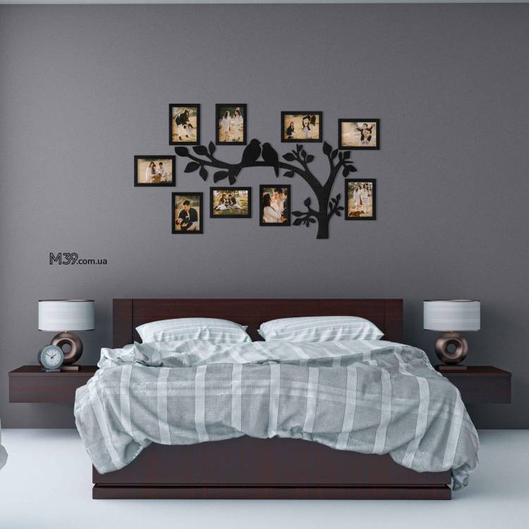 Декор в Спальню на Стіну - Сімейне Дерево "Птахи на Гілках", композиція з фоторамок