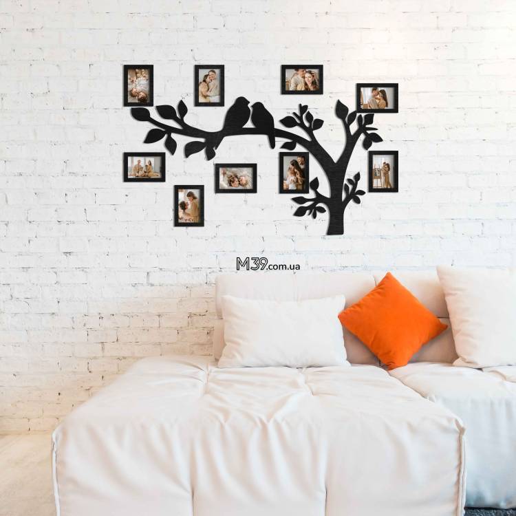 Декор в Спальню на Стіну - Сімейне Дерево "Птахи на Гілках", композиція з фоторамок