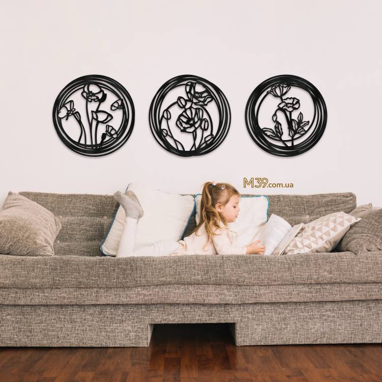Деревянное декоративное панно из 3 элементов Маки m39.com.ua Деревянное декоративное панно из 3 элементов Маки