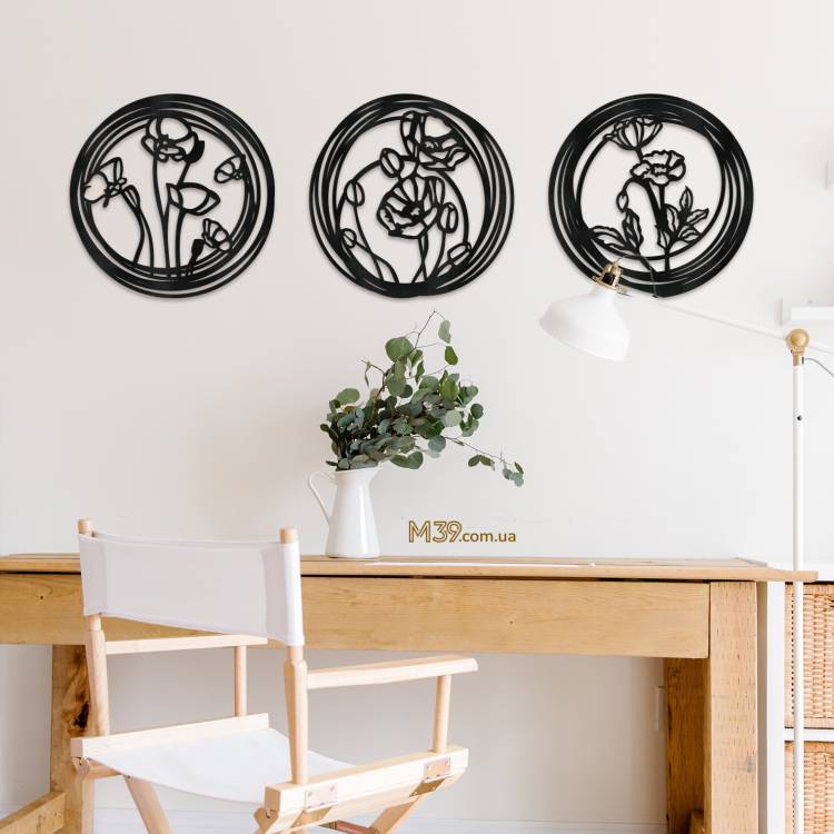 Деревянное декоративное панно из 3 элементов Маки m39.com.ua Деревянное декоративное панно из 3 элементов Маки