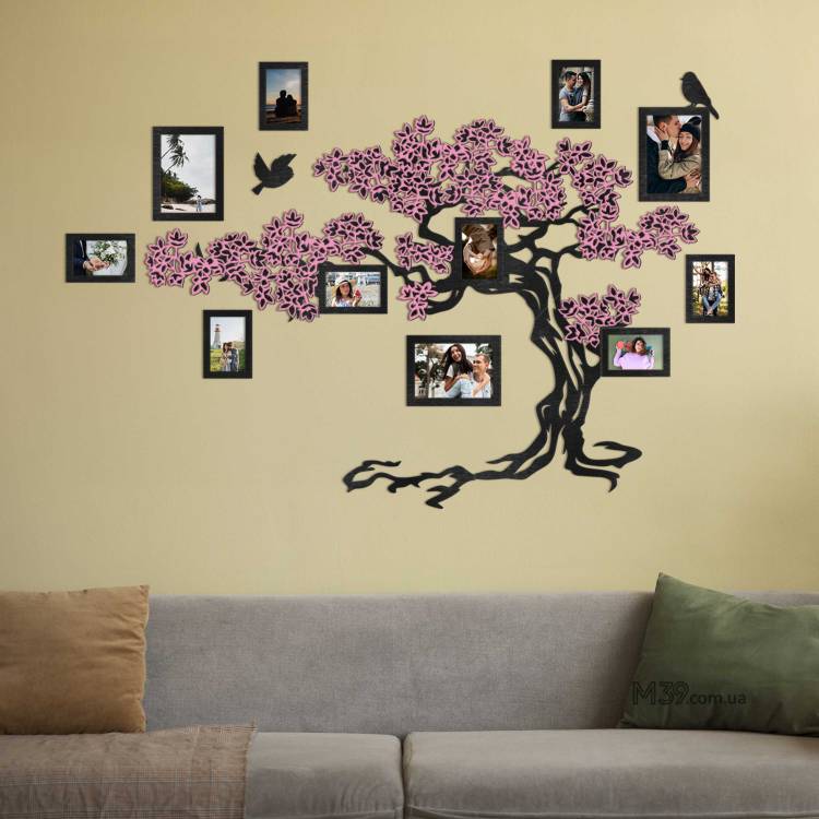 Декор в гостинную на стену - Семейное дерево "Сакура", композиция из фоторамок