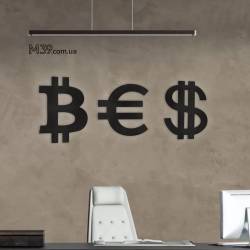 Панно на стіну для маркетолога «Bitcoin/Euro/Dollar» — дерев’яний офісний декор