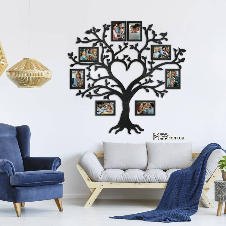 Декор над лестницей на стену - Семейное дерево "Сердце", композиция из фоторамок m39.com.ua Декор над лестницей на стену - Семейное дерево "Сердце", композиция из фоторамок
