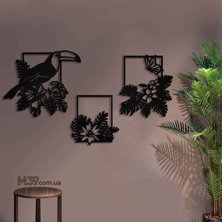 Декор для комнаты из дерева настенный - декоративное панно "Тропический тукан", картина на стену