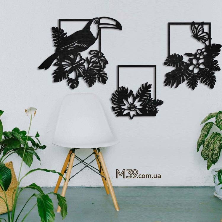 Декор для комнаты из дерева настенный - декоративное панно "Тропический тукан", картина на стену