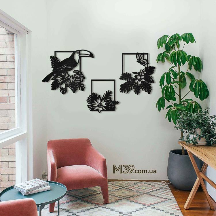 Декор для комнаты из дерева настенный - декоративное панно "Тропический тукан", картина на стену