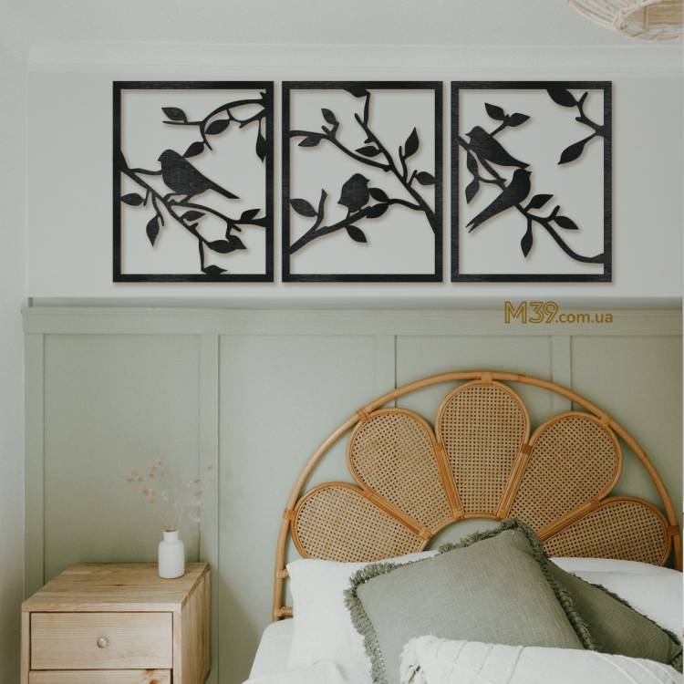 Декоративне Панно з Дерева Пташки на Гілочках з 3 елементів