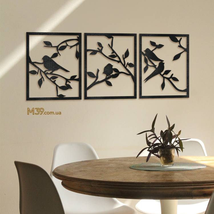 Декоративне Панно з Дерева Пташки на Гілочках з 3 елементів
