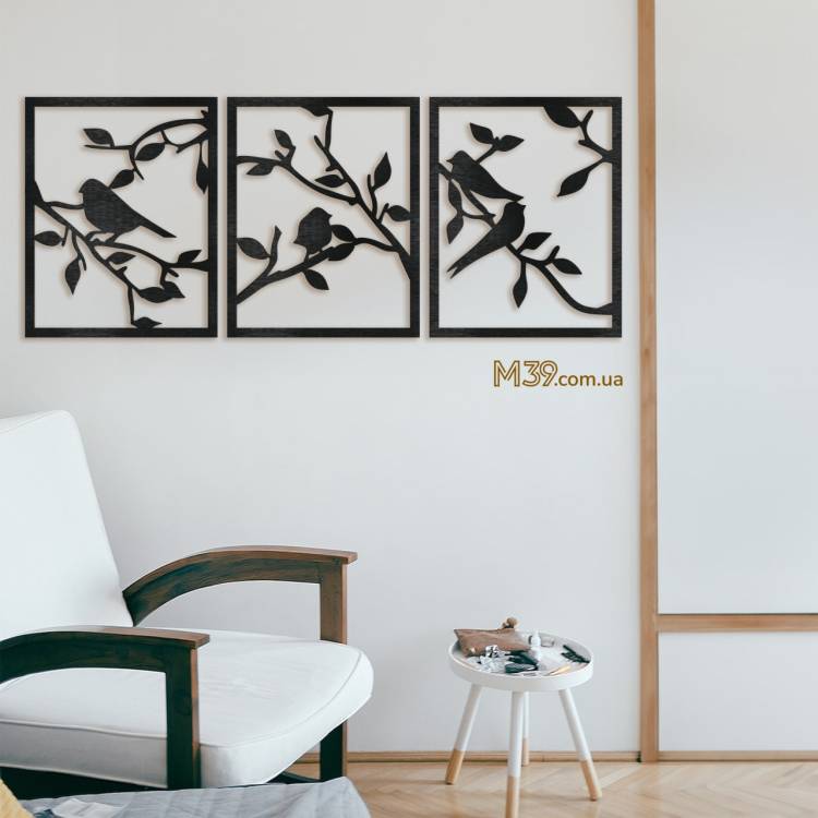 Декоративне Панно з Дерева Пташки на Гілочках з 3 елементів