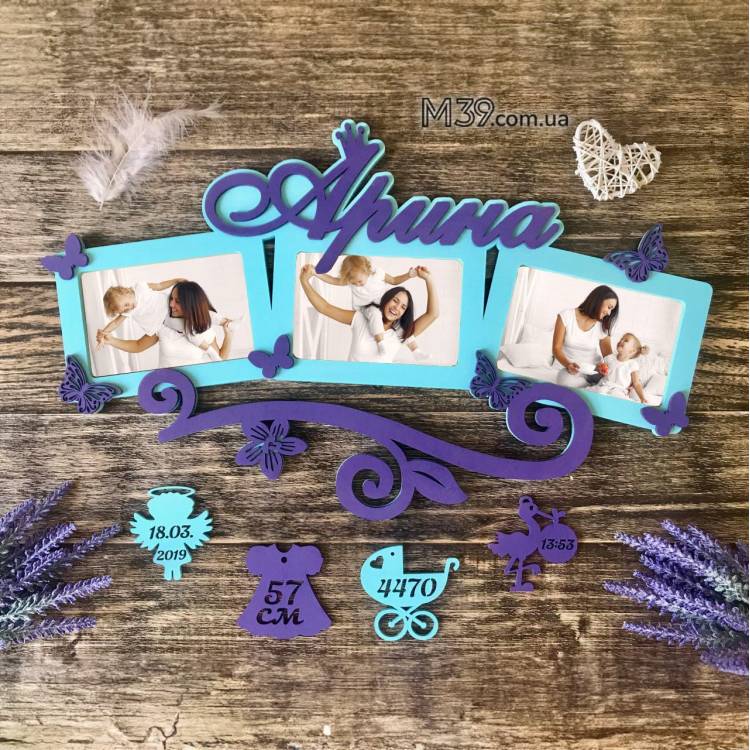 Дитяча фоторамка-метрика на 3 фото з гілочкою