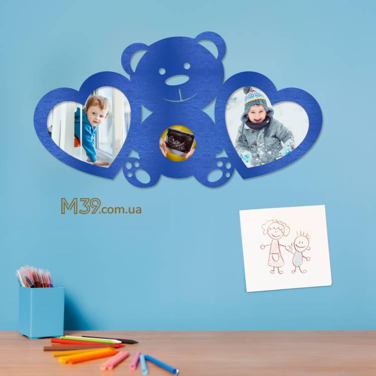 Дитяча метрика на 3 фото ведмедик і 2 серця