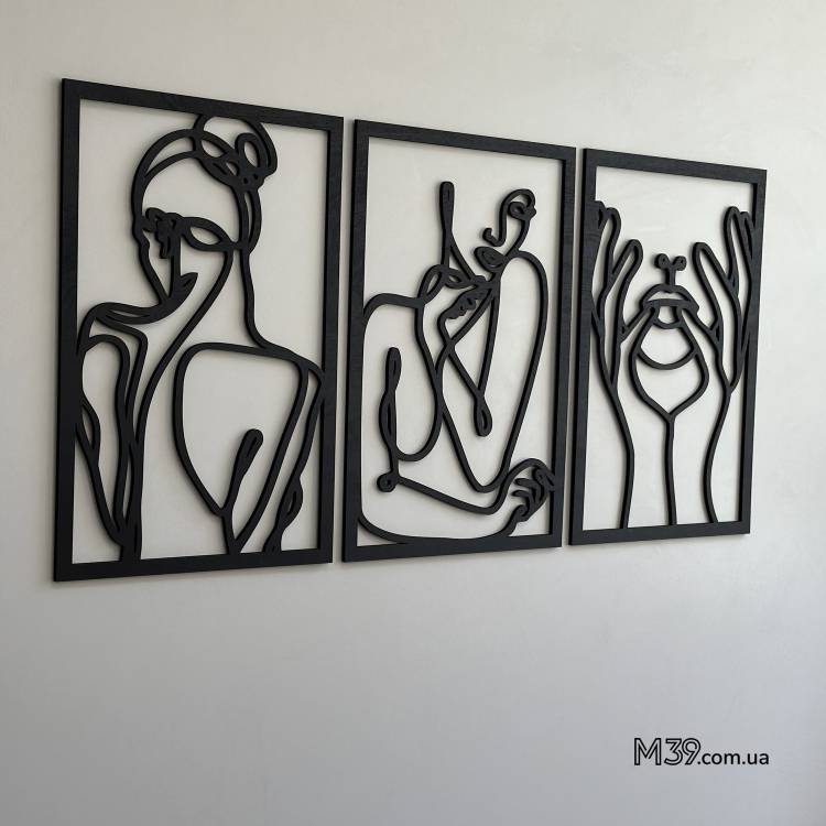 Декоративное Панно Триптих из Дерева 3 Девушки Картина Одной Линией