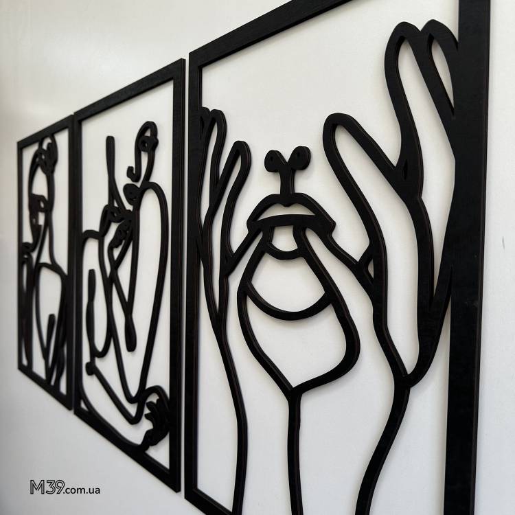 Декоративное Панно Триптих из Дерева 3 Девушки Картина Одной Линией