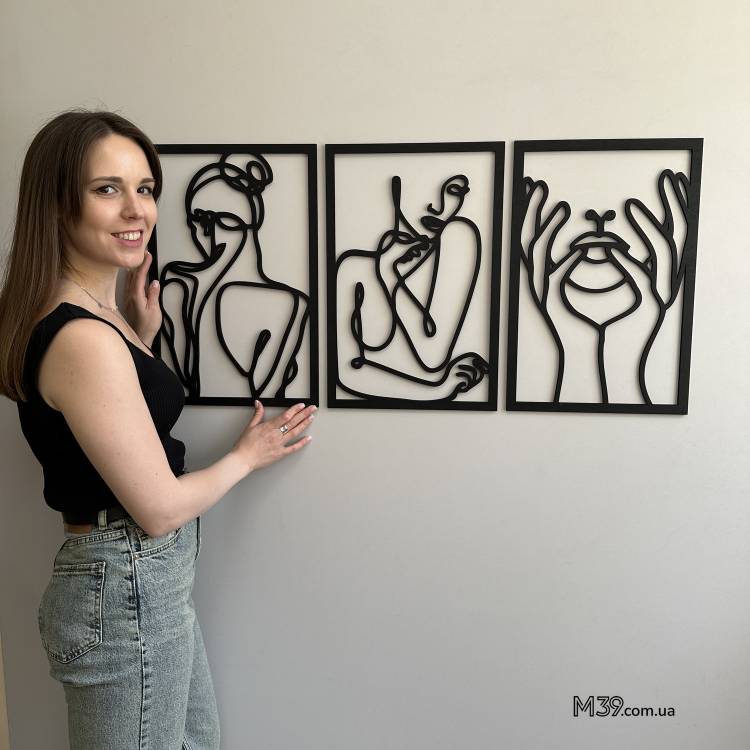 Декоративное Панно Триптих из Дерева 3 Девушки Картина Одной Линией