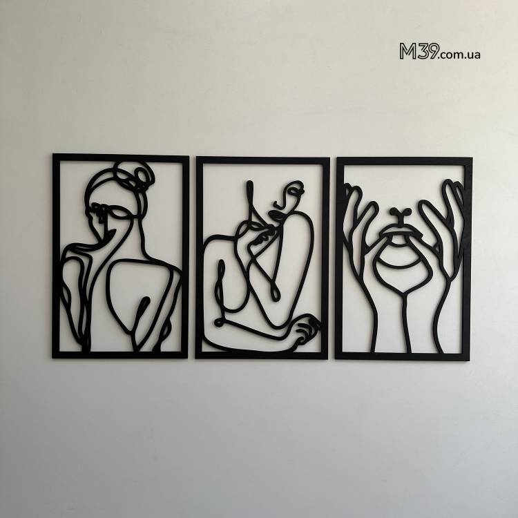 Декоративное Панно Триптих из Дерева 3 Девушки Картина Одной Линией