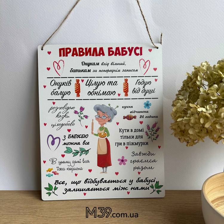 Декоративна Табличка Настінна Правила Бабусі, Подарунок Бабусі m39.com.ua Декоративна Табличка Настінна Правила Бабусі, Подарунок Бабусі