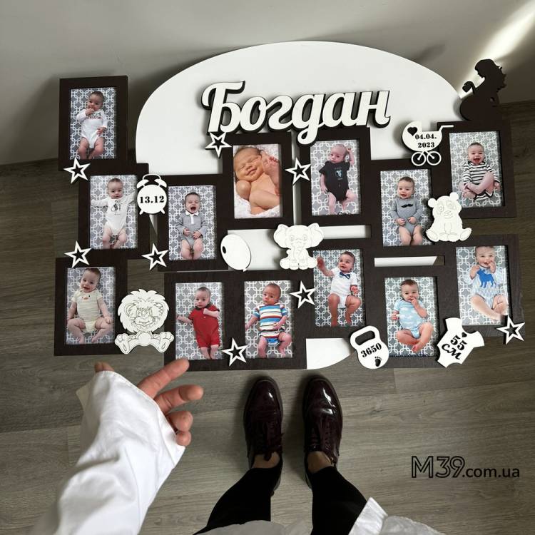 Дитяча метрика-фоторамка на 13 фото іменна