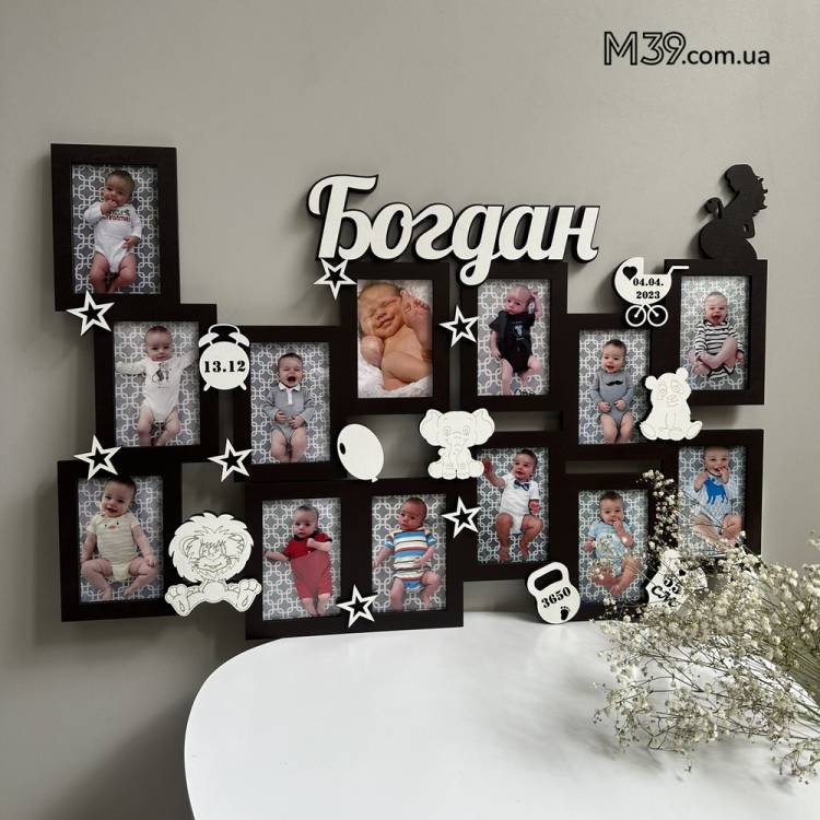 Дитяча метрика-фоторамка на 13 фото іменна
