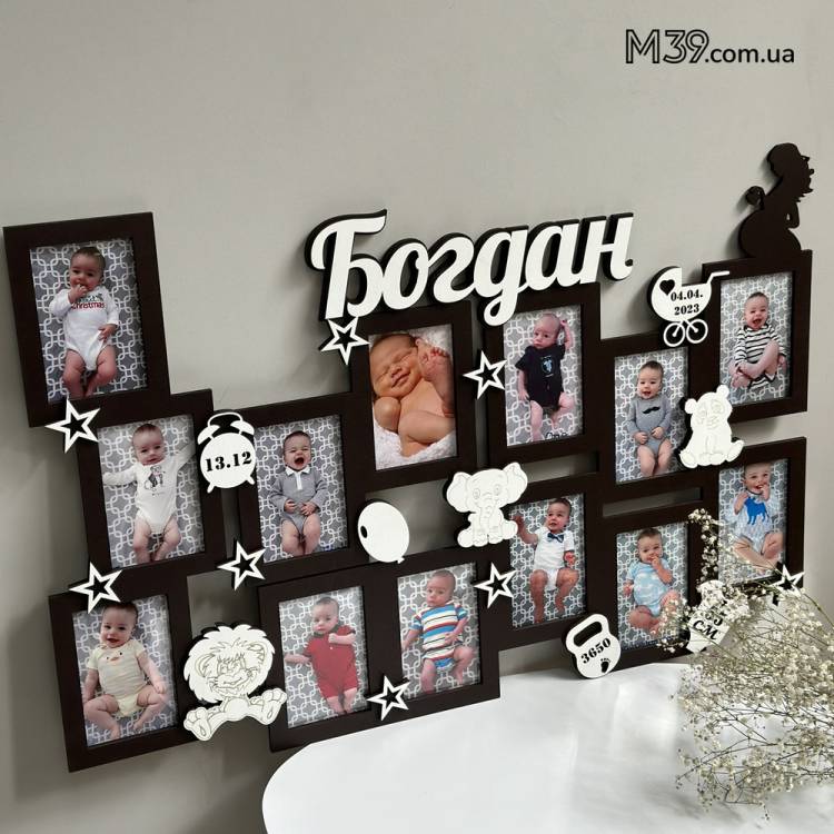 Дитяча метрика-фоторамка на 13 фото іменна