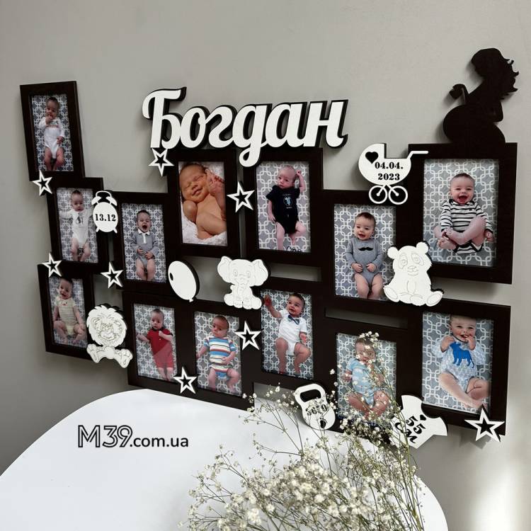 Дитяча метрика-фоторамка на 13 фото іменна