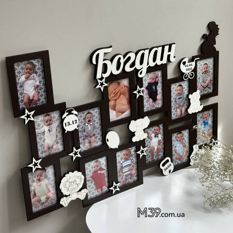 Дитяча метрика-фоторамка на 13 фото іменна